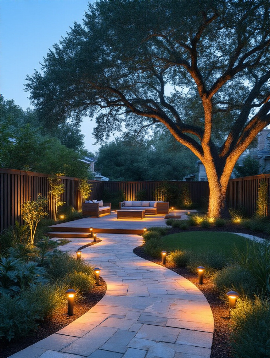 Twilight scene of a backyard with strategic outdoor lighting. Warm path lights illuminate a stone walkway, accent lights highlight a tree, and subtle security lights are visible in the background.