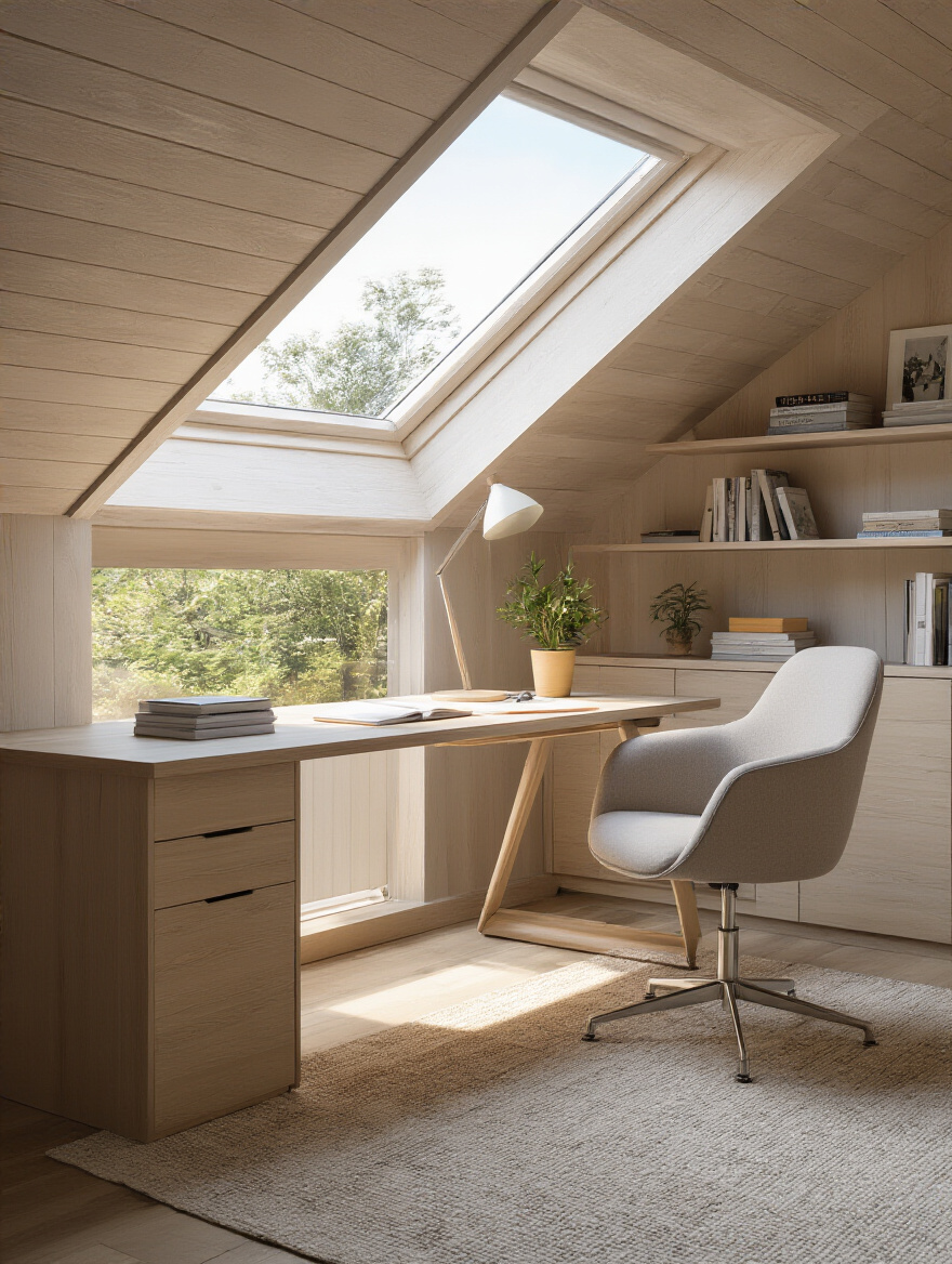 A bright and inviting attic workspace with a desk, chair, and natural light from a gable window, showcasing a dedicated hobby area within an attic bedroom.