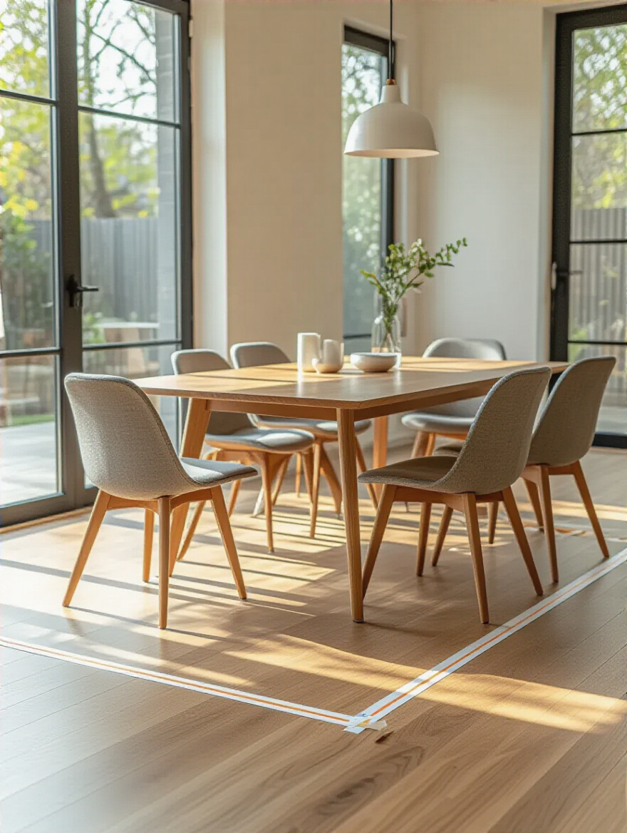 Hardwood floor with painter's tape outlining a dining table and chair placements, demonstrating optimal dining table seating capacity and proper room clearance.