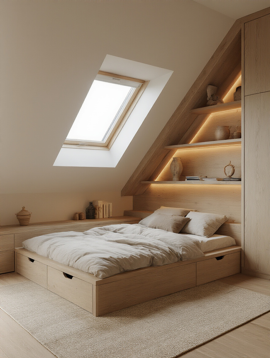A smartly laid out attic bedroom featuring a custom low platform bed and built-in knee-wall storage designed to maximize space under a sloped ceiling.
