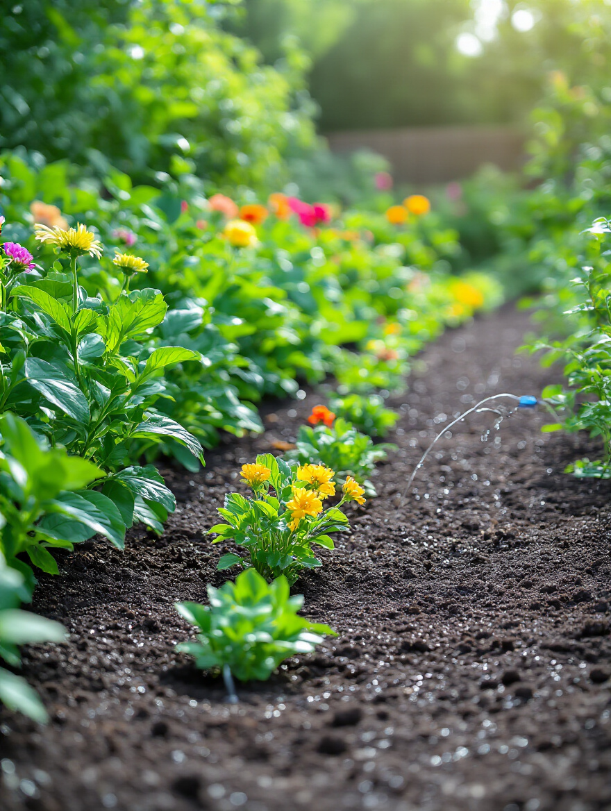 A vibrant backyard garden with a visible drip irrigation system and healthy, lush plants, illustrating the benefits of a consistent watering and fertilization schedule.