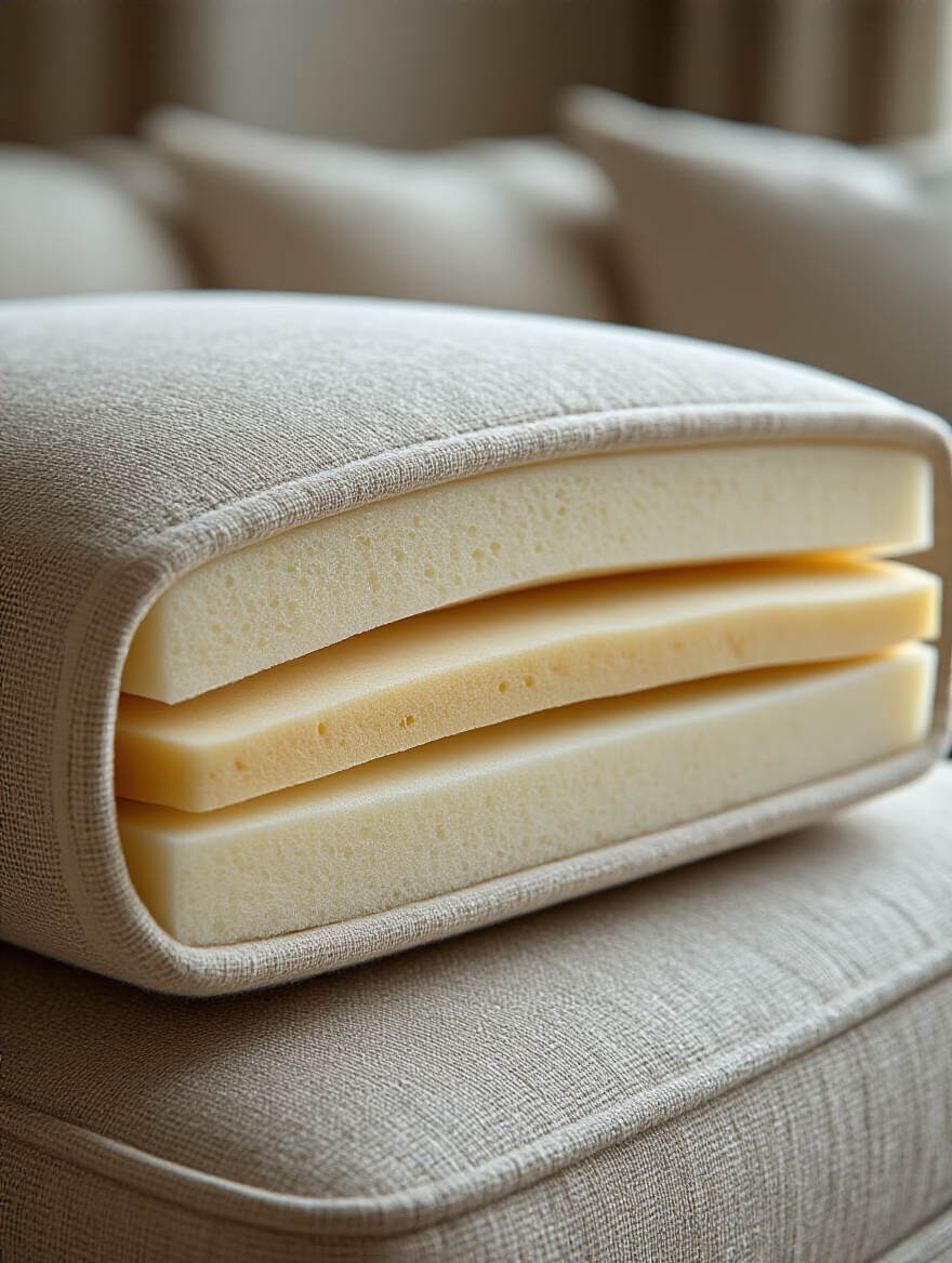 Close-up cross-section of a high-density, resilient couch cushion core with visible layers of non-toxic foam and natural fibers, illuminated by soft studio lighting.