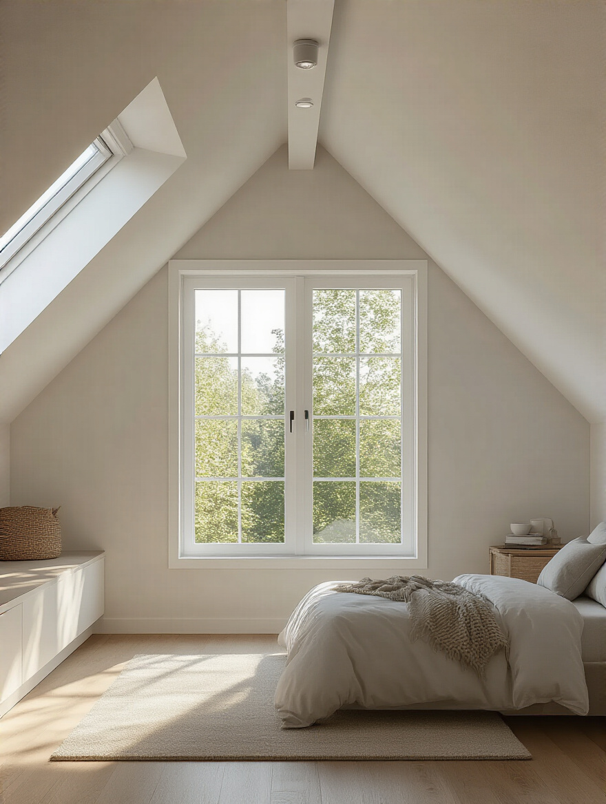 An attic bedroom featuring a prominent, code-compliant egress window and a ceiling-mounted smoke and carbon monoxide detector, highlighting crucial fire safety measures.
