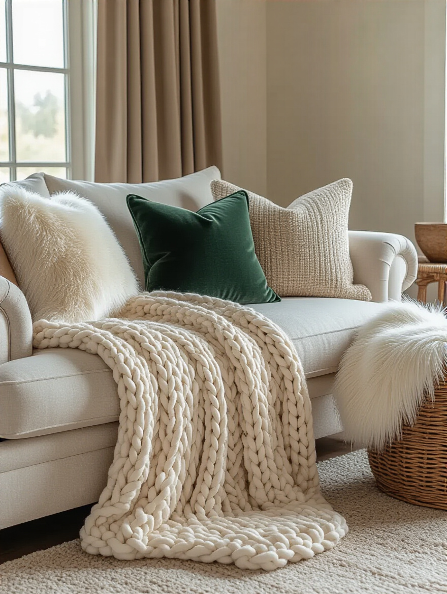 Cozy living room with plush oversized cream chunky knit throw blanket draped over a sofa and a variety of velvet and linen decorative pillows, creating an inviting snuggle spot.