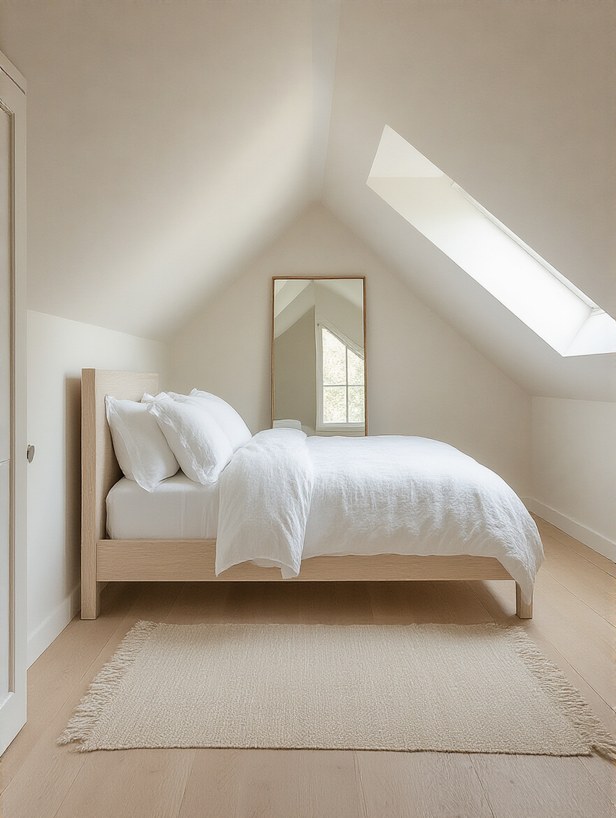 Attic bedroom with light off-white walls and ceiling, creating an airy and spacious feel with abundant natural light and simple, light-toned furniture.