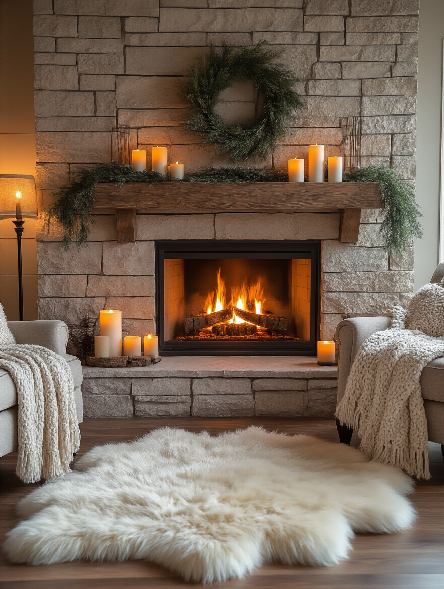 Cozy fireplace with flickering fire, plush rug, decorated mantle with candles and wood accents, inviting armchair.
