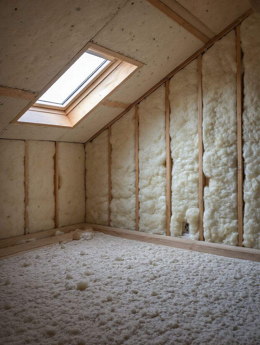 Close-up of attic wall construction showing soundproofing materials like mineral wool insulation and acoustic caulk, creating a quiet bedroom retreat.