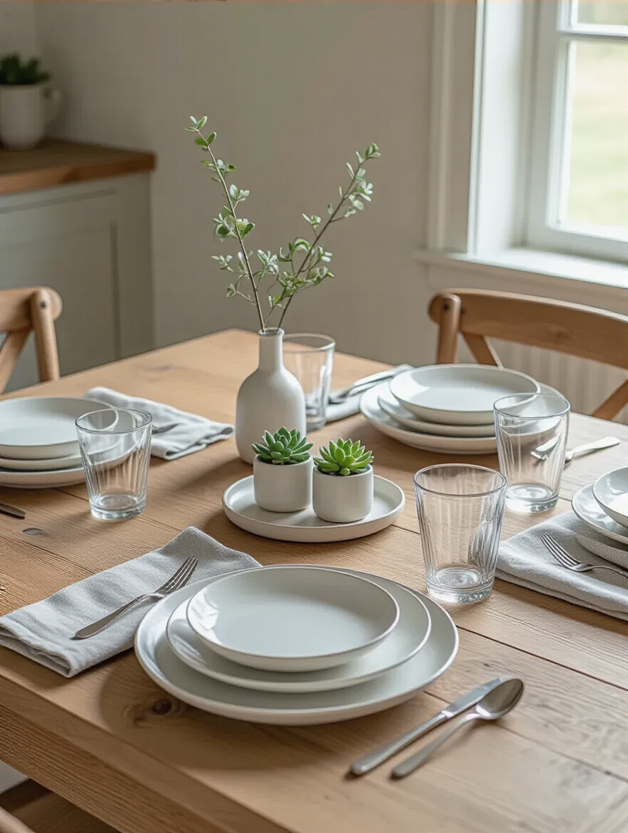 A beautifully set modern farmhouse kitchen table with clear eating space around four place settings, featuring a small, movable decorative tray with succulents in the center. Highlight functionality.