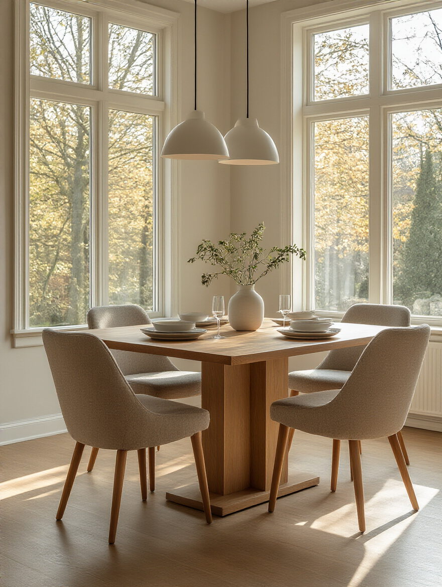 A well-proportioned dining table and chairs in a contemporary dining room, illustrating ideal height for comfort and ergonomics.