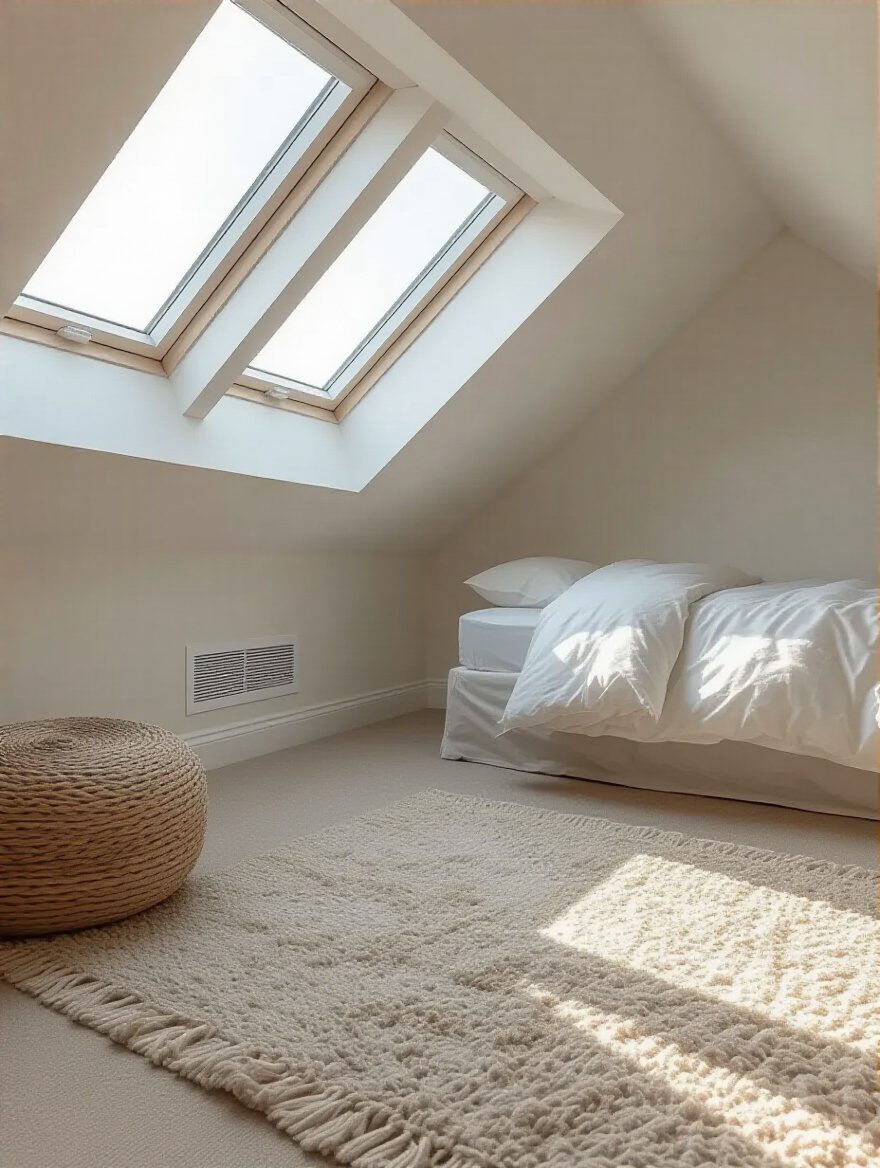 A clean and brightly lit attic bedroom interior showcasing modern, well-integrated ventilation vents in the ceiling and along the eaves, illustrating proper attic ventilation and airflow to prevent moisture buildup.