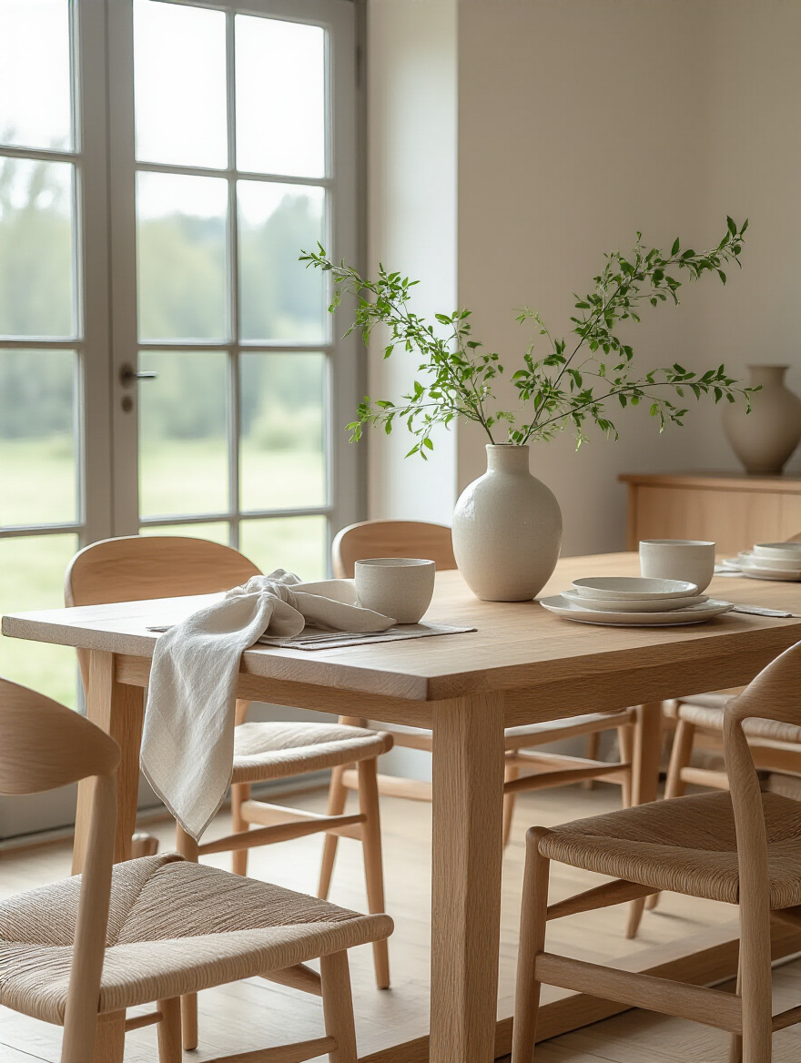Elegantly curated dining room with a focus on a high-quality table and thoughtful accessories, representing successful budget planning without displaying money or financial tools.