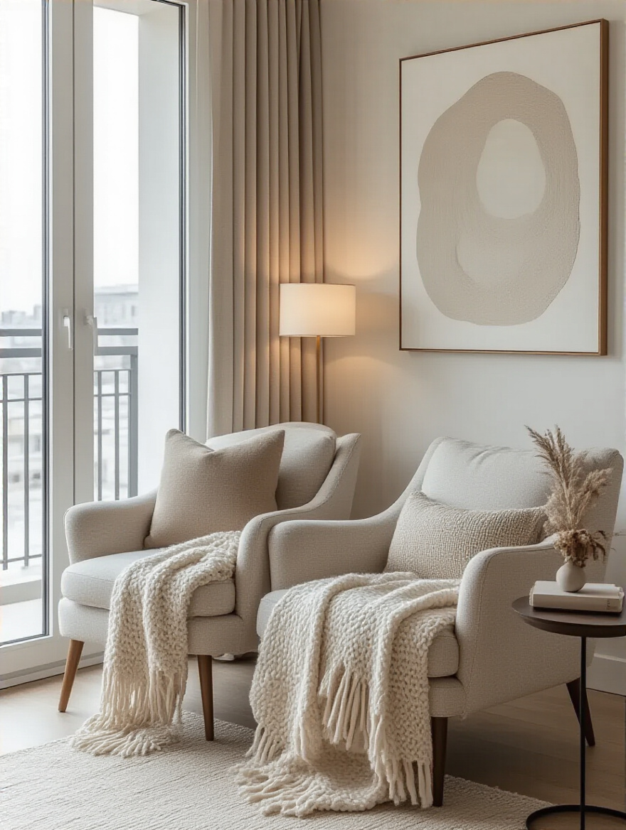 Thoughtfully designed apartment living room corner with stylish, strategically chosen decor reflecting a well-planned budget.