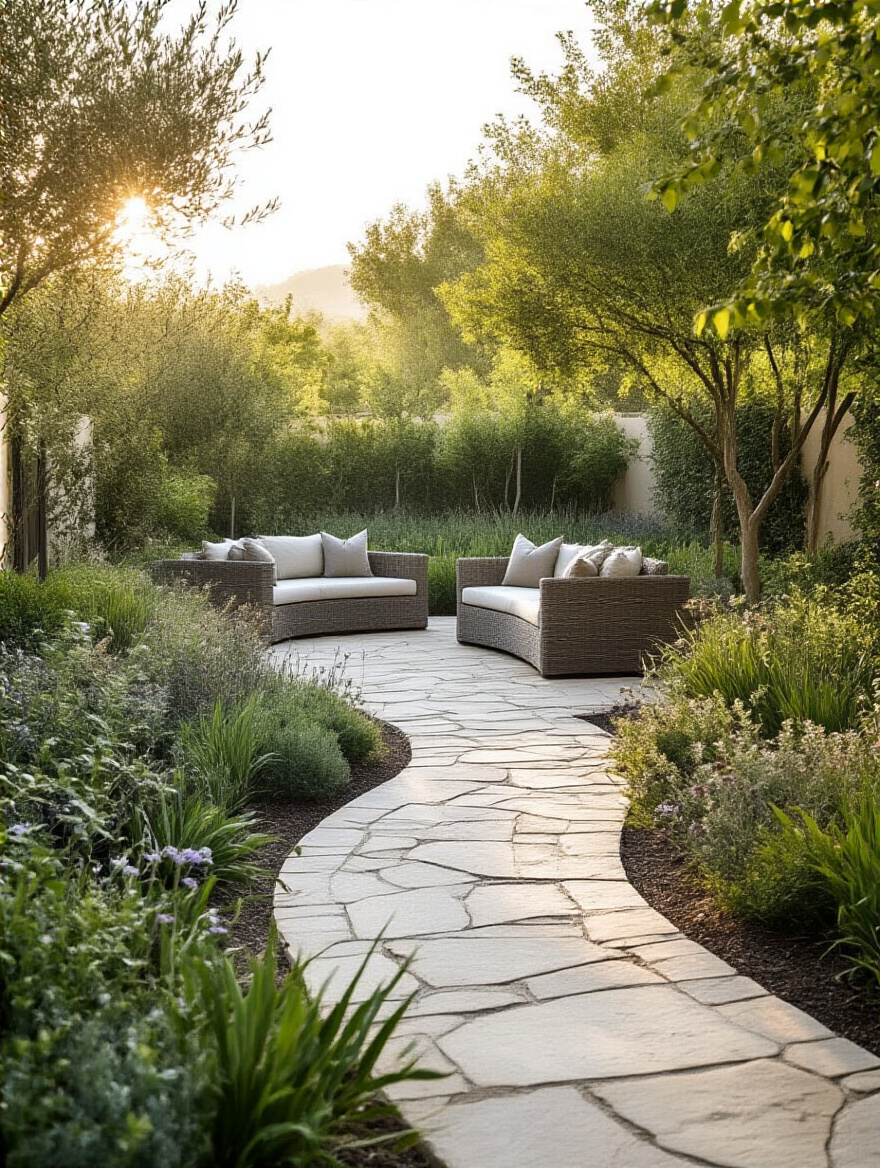Beautifully designed backyard with a flagstone path and drought-tolerant plants, illustrating a well-planned landscaping project guided by a realistic budget.