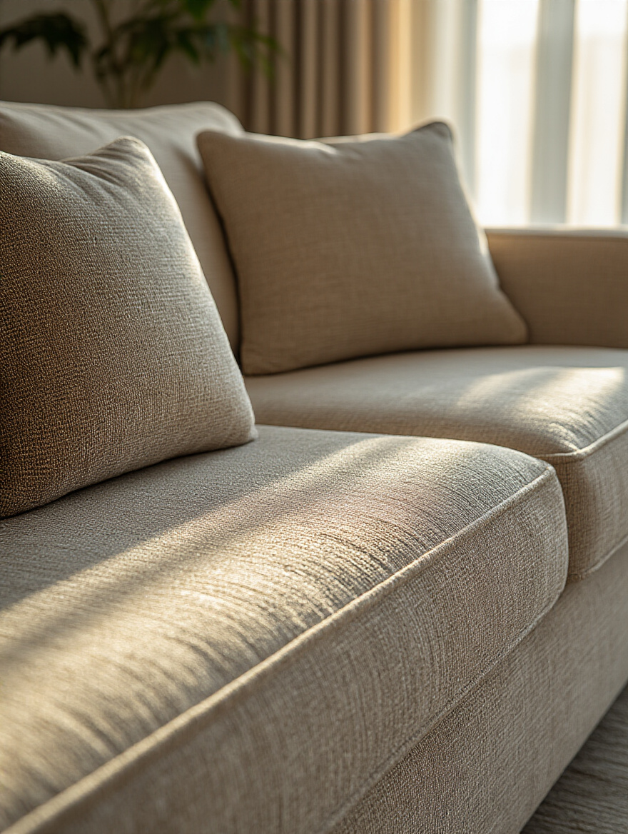 A pristine living room couch with advanced stain-resistant fabric, highlighting proactive upholstery care and preventative maintenance protocols.