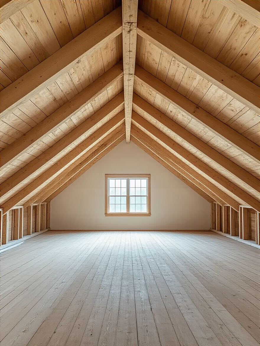 An empty attic space with exposed wooden structural beams and roof rafters, representing the assessment of structural integrity and headroom requirements for conversion.