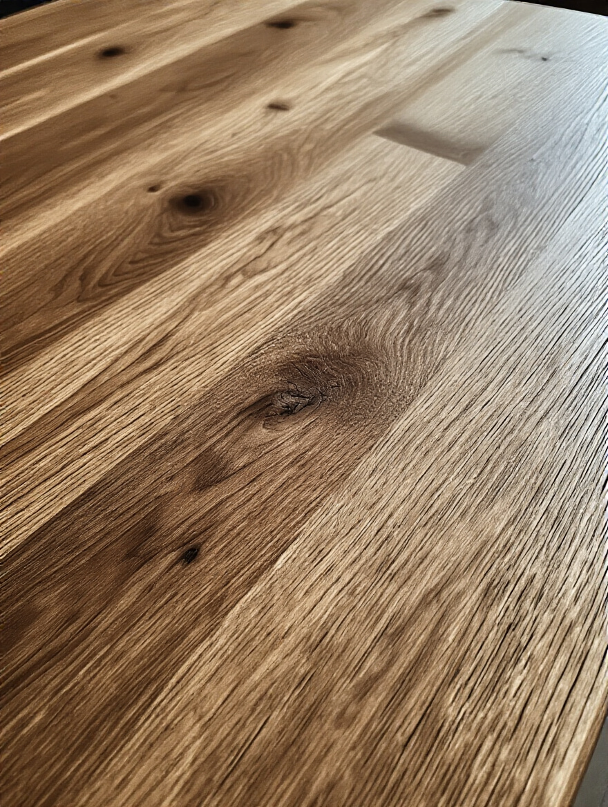 Close-up portrait of a solid hardwood dining table surface, showcasing its rich grain and durable finish, implying longevity and ease of maintenance.