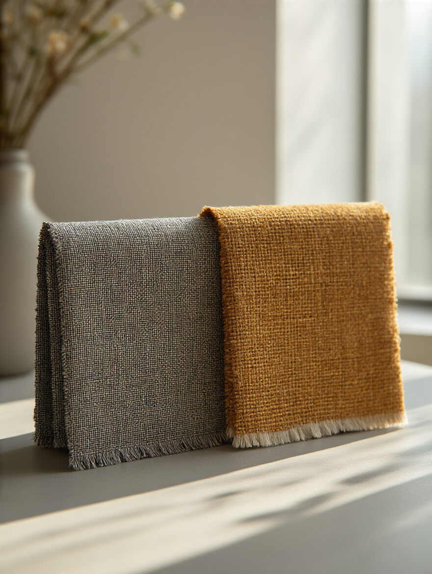 Comparison of a durable performance fabric swatch next to a worn, low-quality fabric swatch on a modern surface, illustrating couch material longevity and the concept of planned obsolescence.