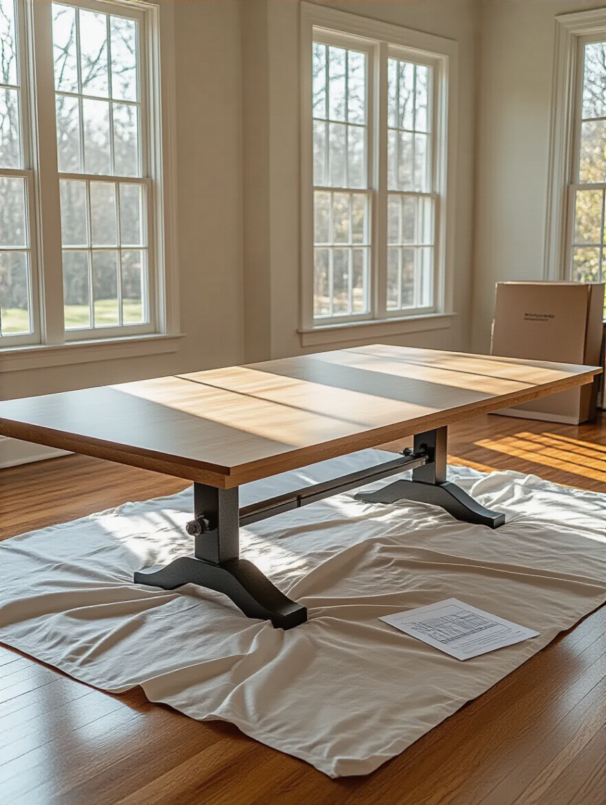 Image showing careful assembly of a dining room table on a protected floor, with components and instructions, emphasizing safety and efficiency.
