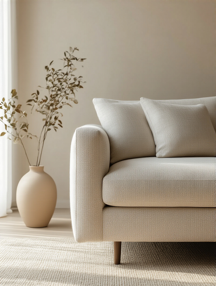 A close-up of a beautifully textured, light gray hypoallergenic couch fabric in a clean, modern living room, emphasizing comfort and an allergy-friendly environment. No people.