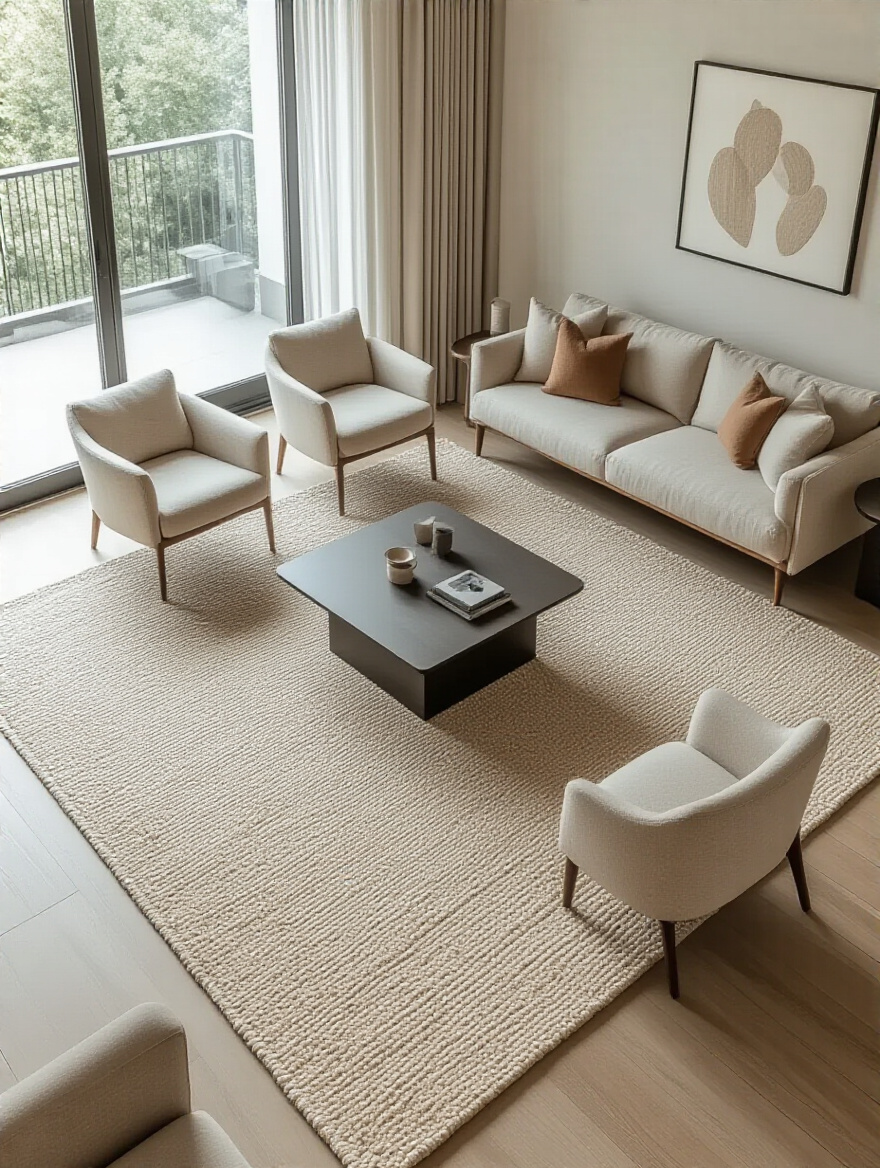 Large, properly sized area rug in a modern apartment living room, grounding the sofa and chairs to create a cohesive seating area.