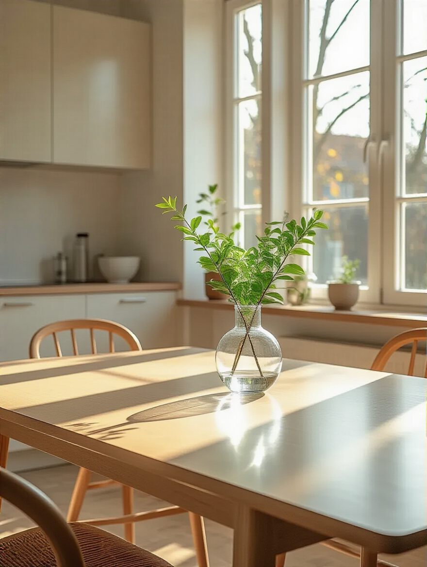 A clear, elegantly decorated light wood kitchen table with a single vibrant green plant in a glass vase, conveying a clutter-free and ready-to-use environment.