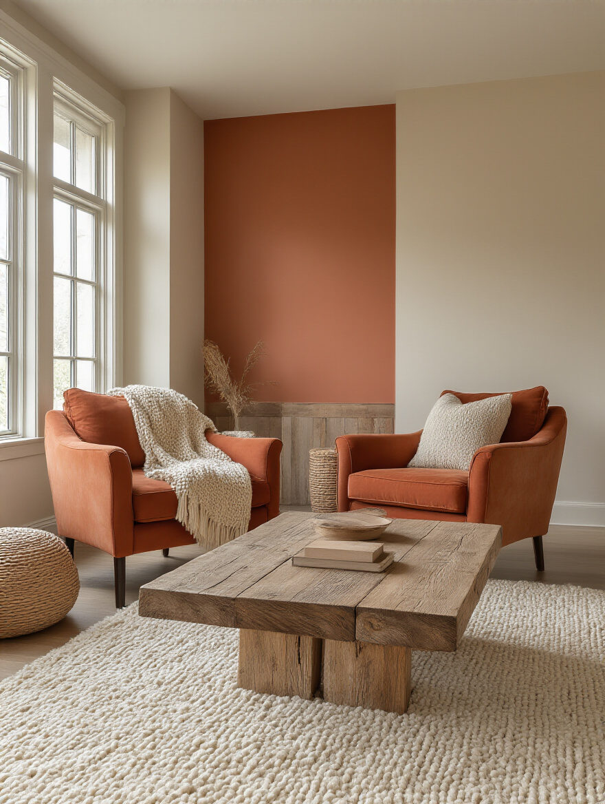 A beautifully decorated cozy living room with walls painted in warm terracotta and creamy beige, featuring natural wood furniture, a soft area rug, and an inviting armchair. The room is bathed in warm natural light.