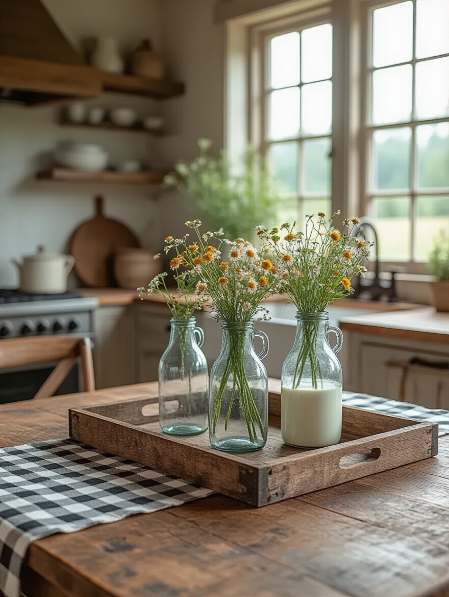 Rustic farmhouse kitchen table decorated with a reclaimed wood tray, glass milk bottles, and a checkered runner, perfectly matching the distressed cabinetry and wrought-iron details.