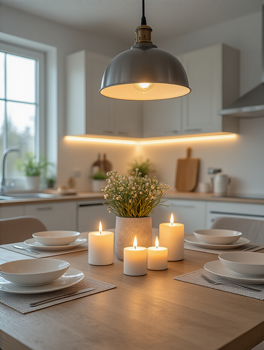 Elegant kitchen table decor with layered lighting including an overhead pendant lamp, flameless LED candles, and a small table lamp, creating a warm and inviting ambiance.
