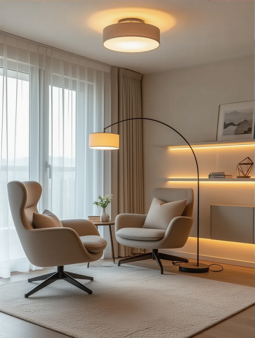 Apartment living room with modern layered lighting featuring a dimmable ceiling fixture, an arc floor lamp, and a table lamp creating a warm, inviting ambiance.