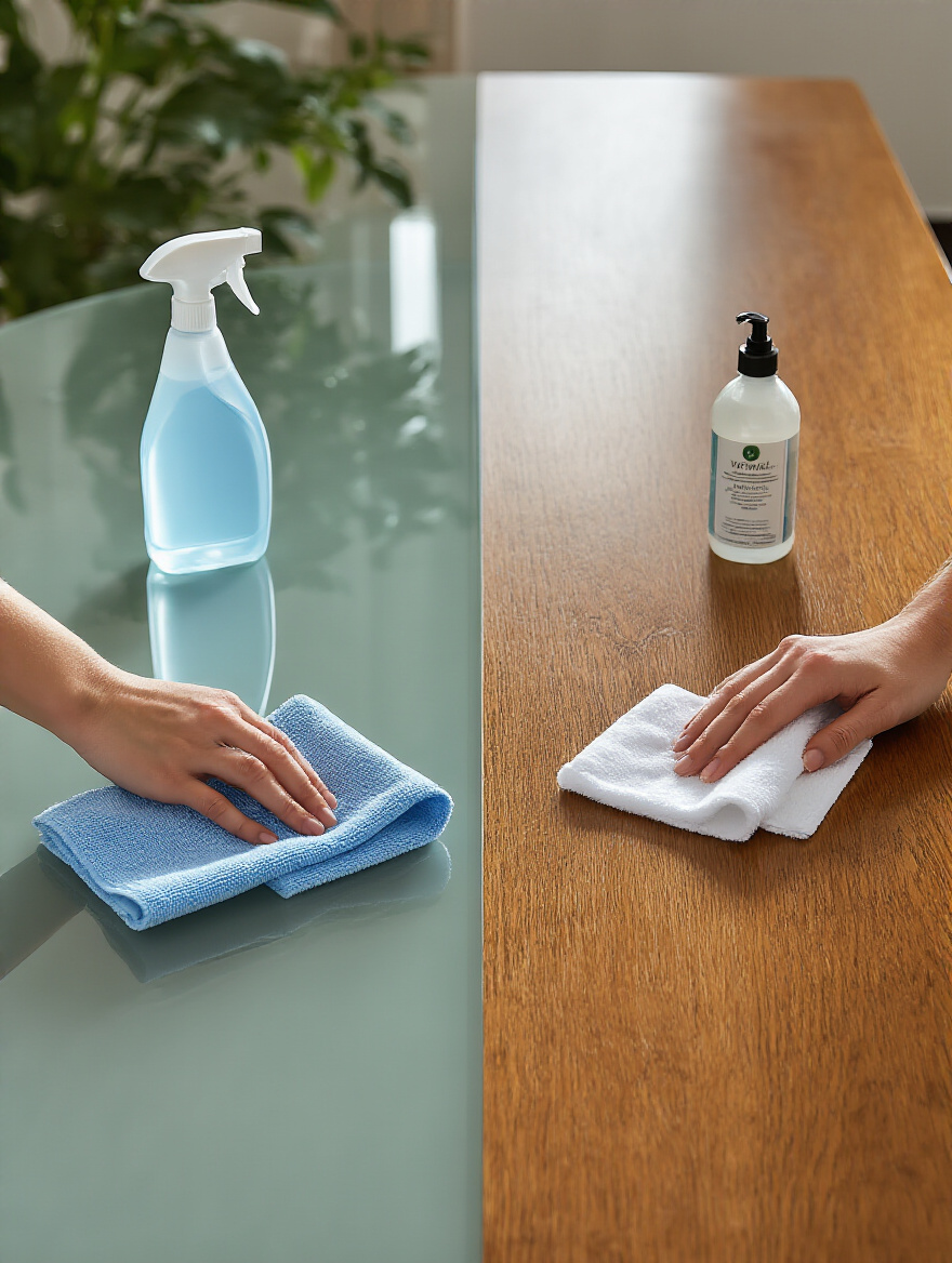 Close-up of a dining table showing two cleaning scenarios: a glass surface being wiped with a microfiber cloth and glass cleaner, and a wooden surface being wiped with a cotton cloth and wood cleaner, illustrating material-specific cleaning.