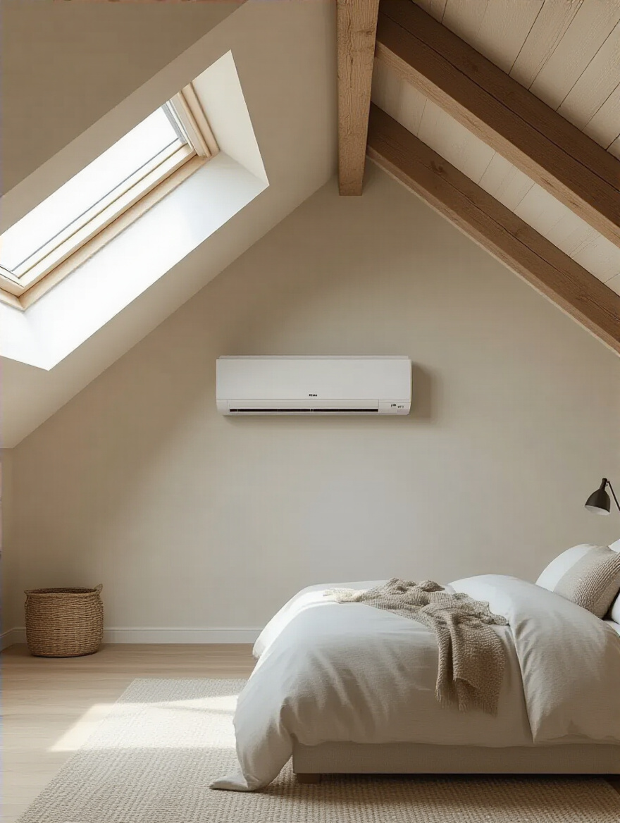 A modern attic bedroom featuring a white, sleek ductless mini-split HVAC system on a light wall, bathed in natural light, signifying efficient temperature control and comfort.