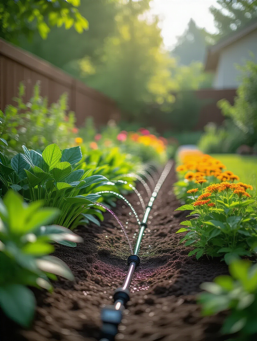 A portrait view of a modern backyard showcasing targeted drip irrigation lines watering lush plants, featuring vibrant foliage and sustainable landscaping practices focused on water conservation.