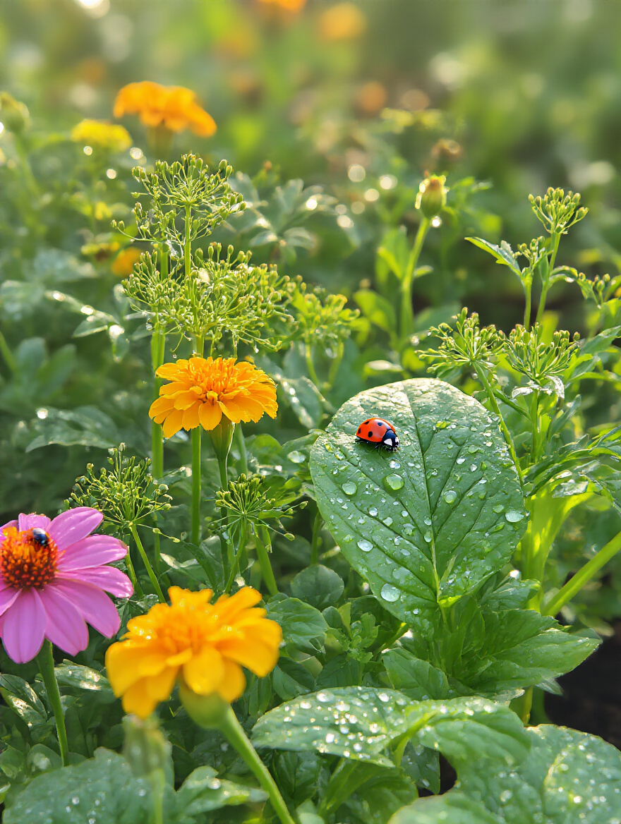 A close-up portrait of healthy green garden plants with a ladybug, symbolizing natural integrated pest management and a thriving ecosystem.