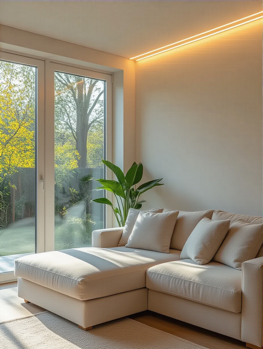 An elegantly designed living room featuring a contemporary, neutral-toned sofa perfectly positioned by a large window to maximize morning light exposure. Subtle, warm-dimming LED lighting is integrated into the ceiling, creating an inviting atmosphere designed to support natural circadian rhythms and melatonin regulation. The scene is calm, clean, and highlights sophisticated lighting control.