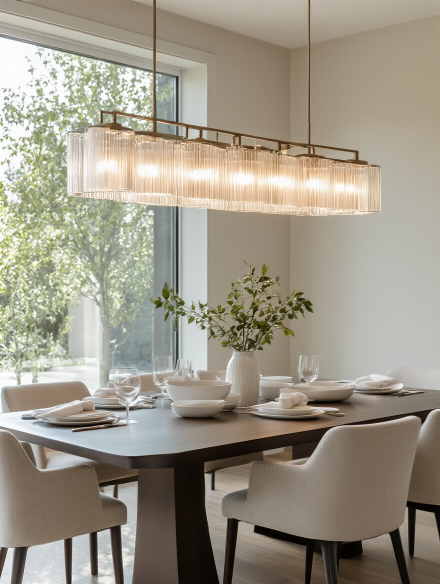 A well-lit, elegant contemporary dining room with a polished rectangular dining table and sleek linear chandelier overhead, casting a warm glow on the table settings, no people.