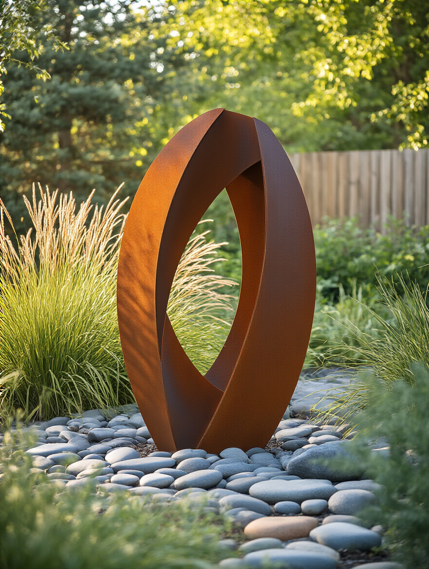 A modern corten steel sculpture as a backyard focal point surrounded by lush greenery under soft sunlight, creating a tranquil garden scene.