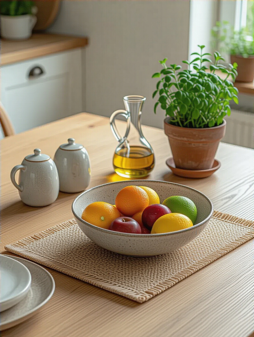 Kitchen table decorated with aesthetic practical items including a stoneware fruit bowl, ceramic salt and pepper shakers, olive oil cruet, and a potted herb, all beautifully arranged under natural light.