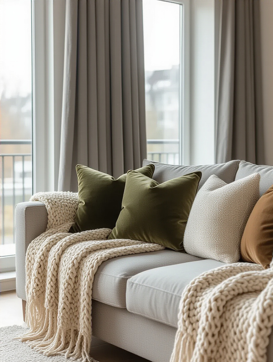 A cozy apartment living room featuring a plush sofa adorned with layered throw pillows and a chunky knit blanket, framed by elegant drapes that kiss the floor, creating a warm and inviting atmosphere with various textures and a soft color palette.