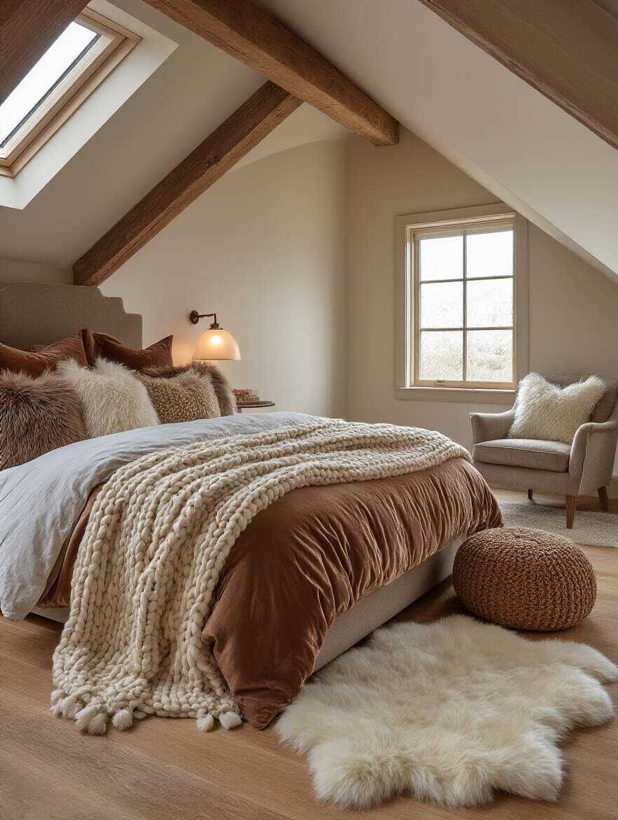 A cozy attic bedroom featuring a bed layered with varied textures including chunky knit, velvet, and linen, alongside a plush area rug, creating a warm and inviting atmosphere with soft furnishings.