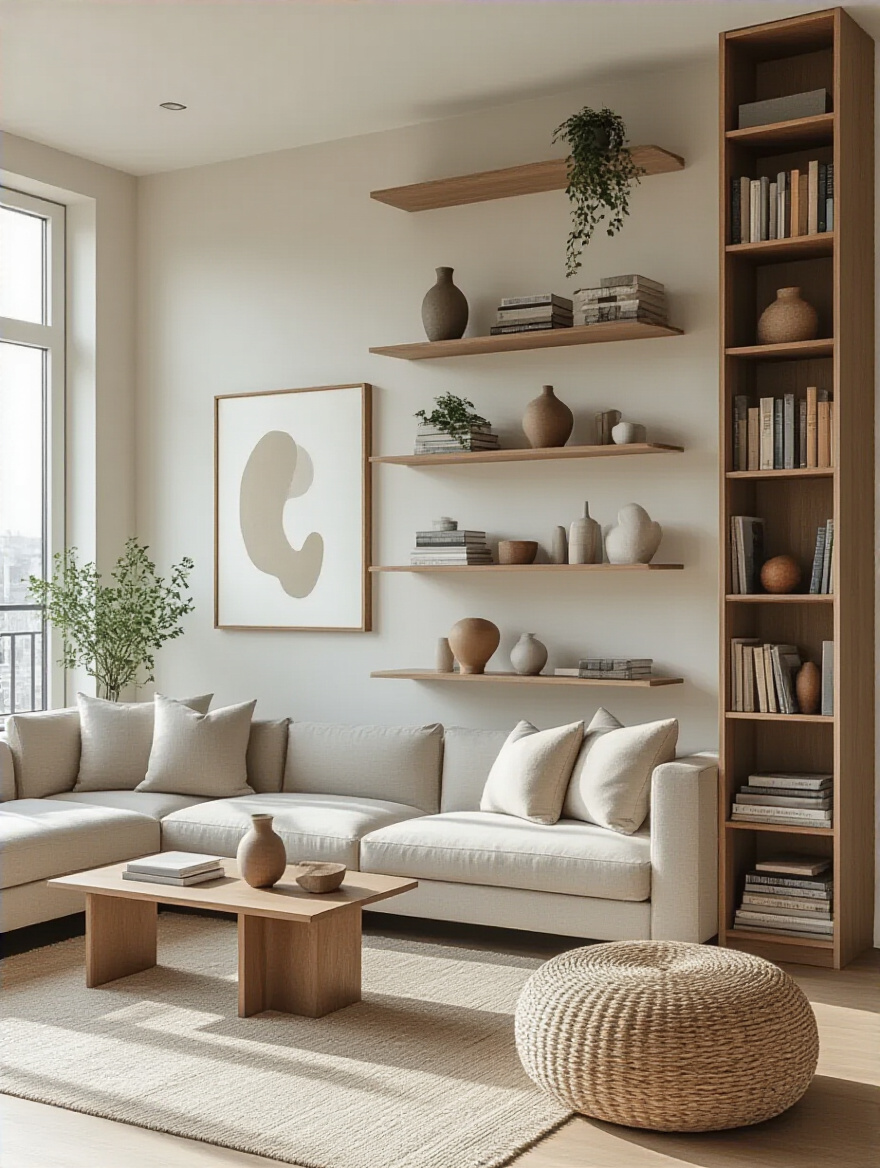 A bright and modern apartment living room featuring a tall, minimalist bookcase filled with books and decor, alongside floating wall-mounted shelves displaying art above a sofa. Emphasizes vertical storage solutions.