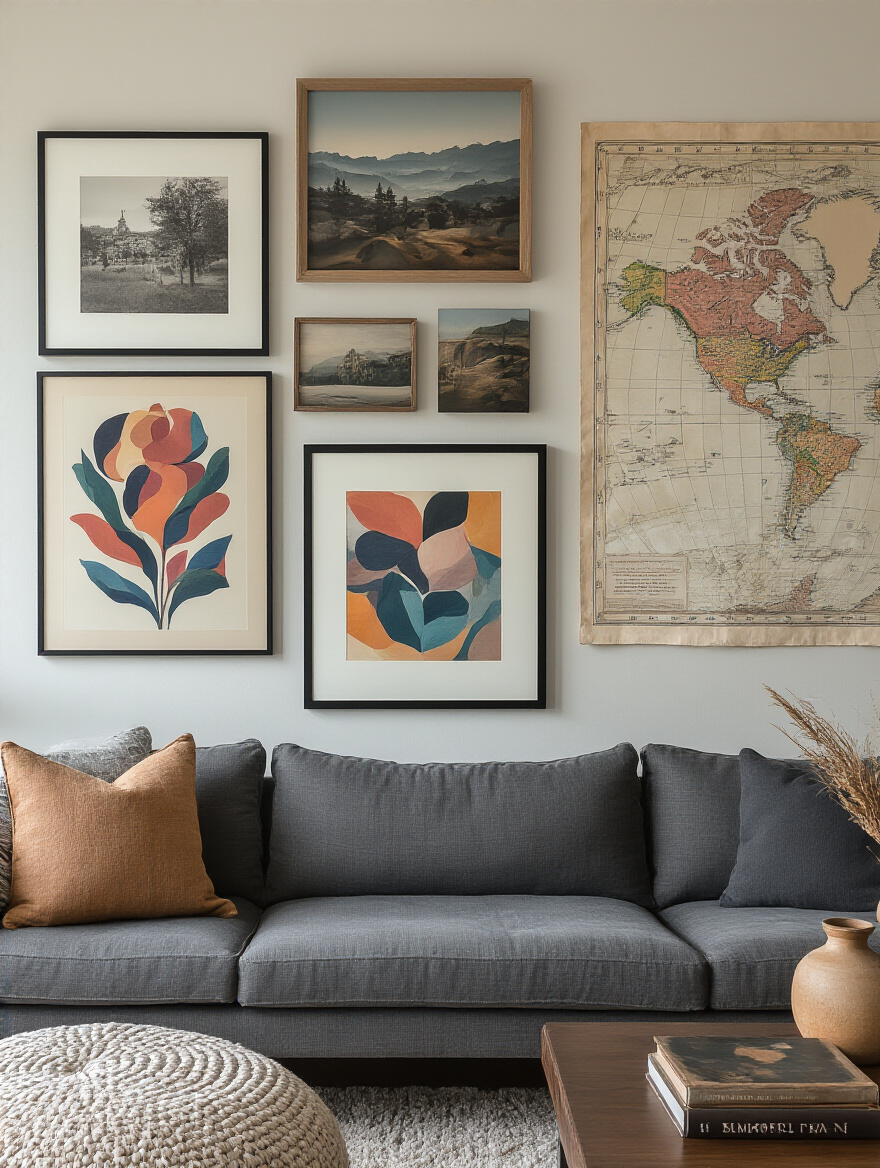 A cozy apartment living room featuring a personalized gallery wall with diverse art and framed photos, and unique decor accents on a side table, under warm natural light.
