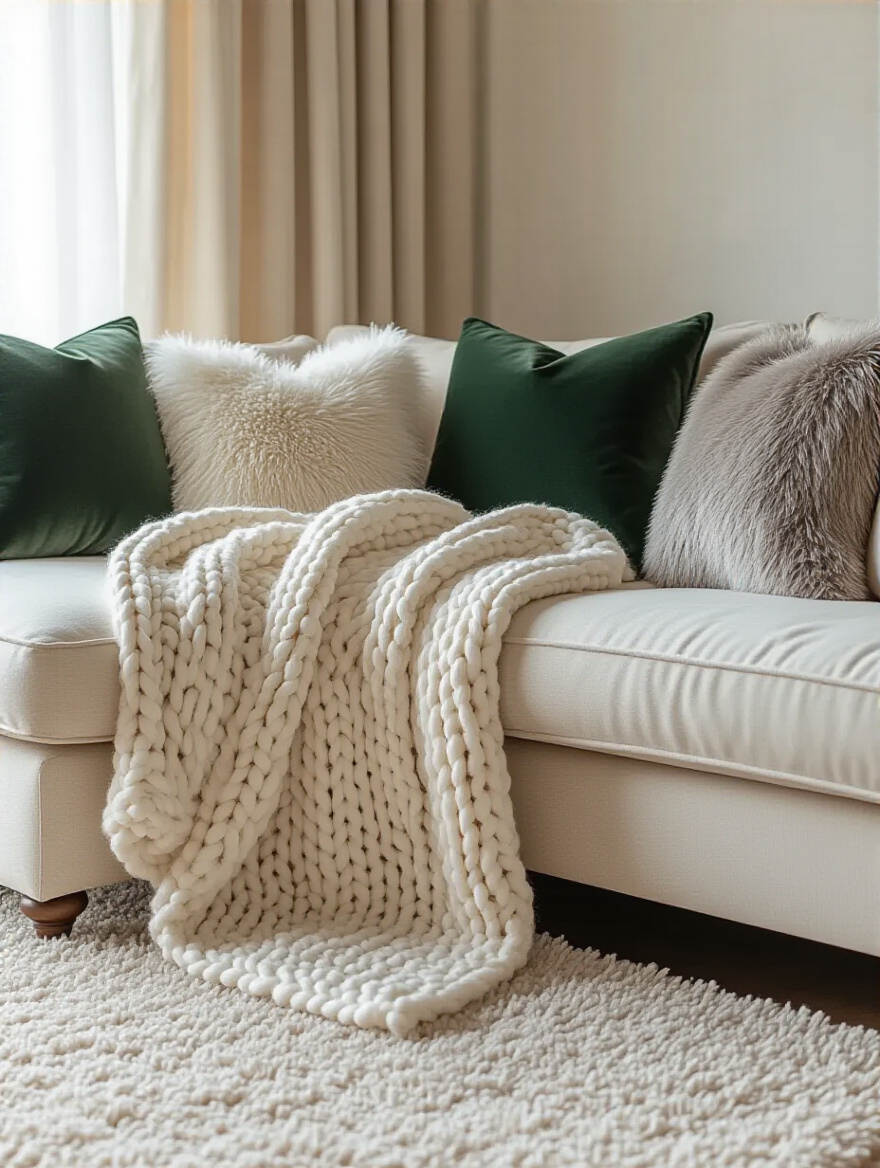 Cozy living room featuring a plush sofa layered with various textured throw blankets and decorative cushions in velvet, faux fur, and chunky knit, all resting on a thick shag area rug.