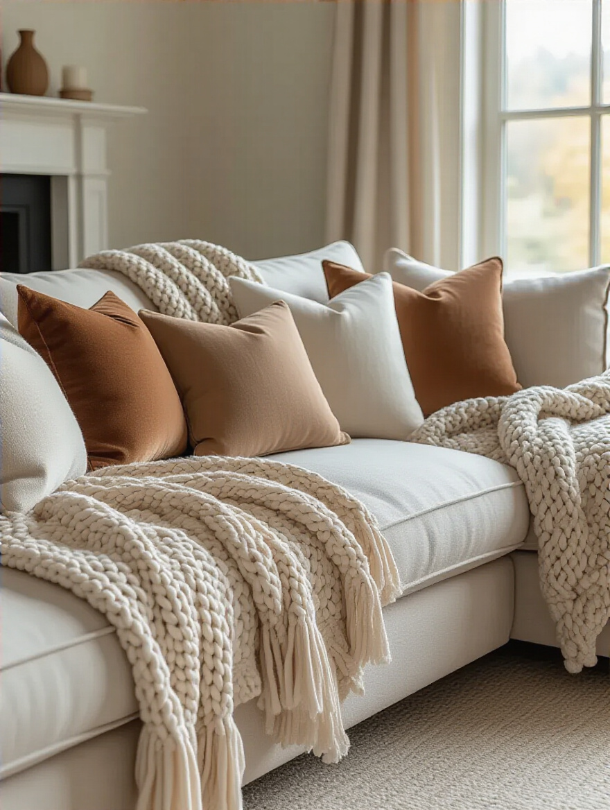 A cozy living room couch styled with a variety of throws and decorative pillows in different textures and warm, inviting colors, emphasizing comfort.
