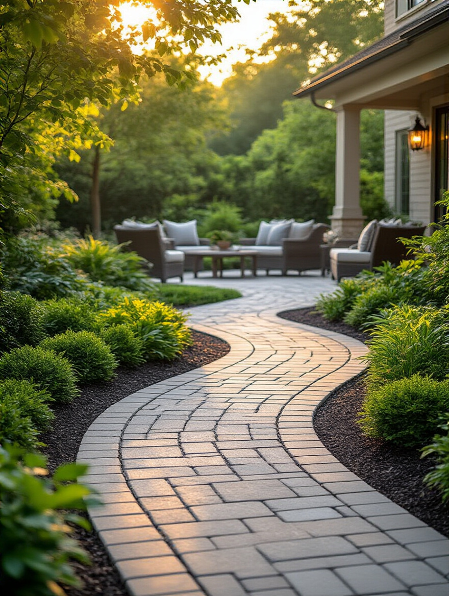 Elegant paver walkway connecting a green lawn to a stone patio with outdoor furniture, demonstrating seamless backyard movement