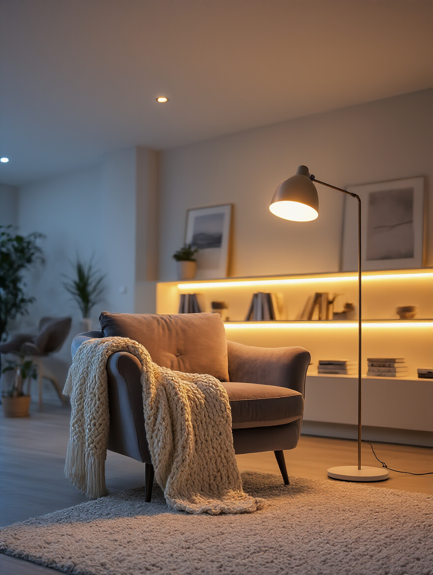 Cozy living room with smart lighting controls creating a warm, adjustable ambiance. Dimmed overhead lights and a glowing floor lamp illuminate plush furniture.