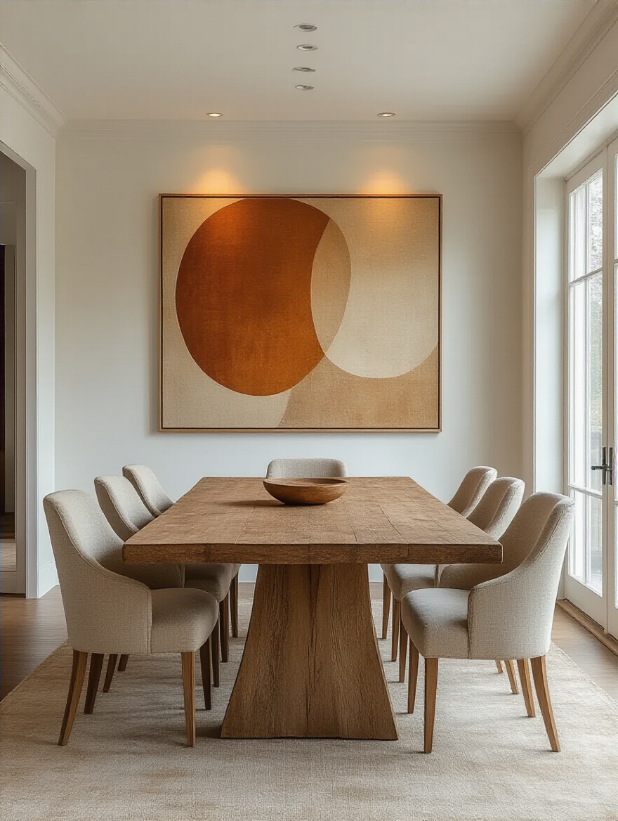 Elegant dining room with a large abstract artwork hanging above a rustic wooden dining table, defining the space in an open-concept living area.