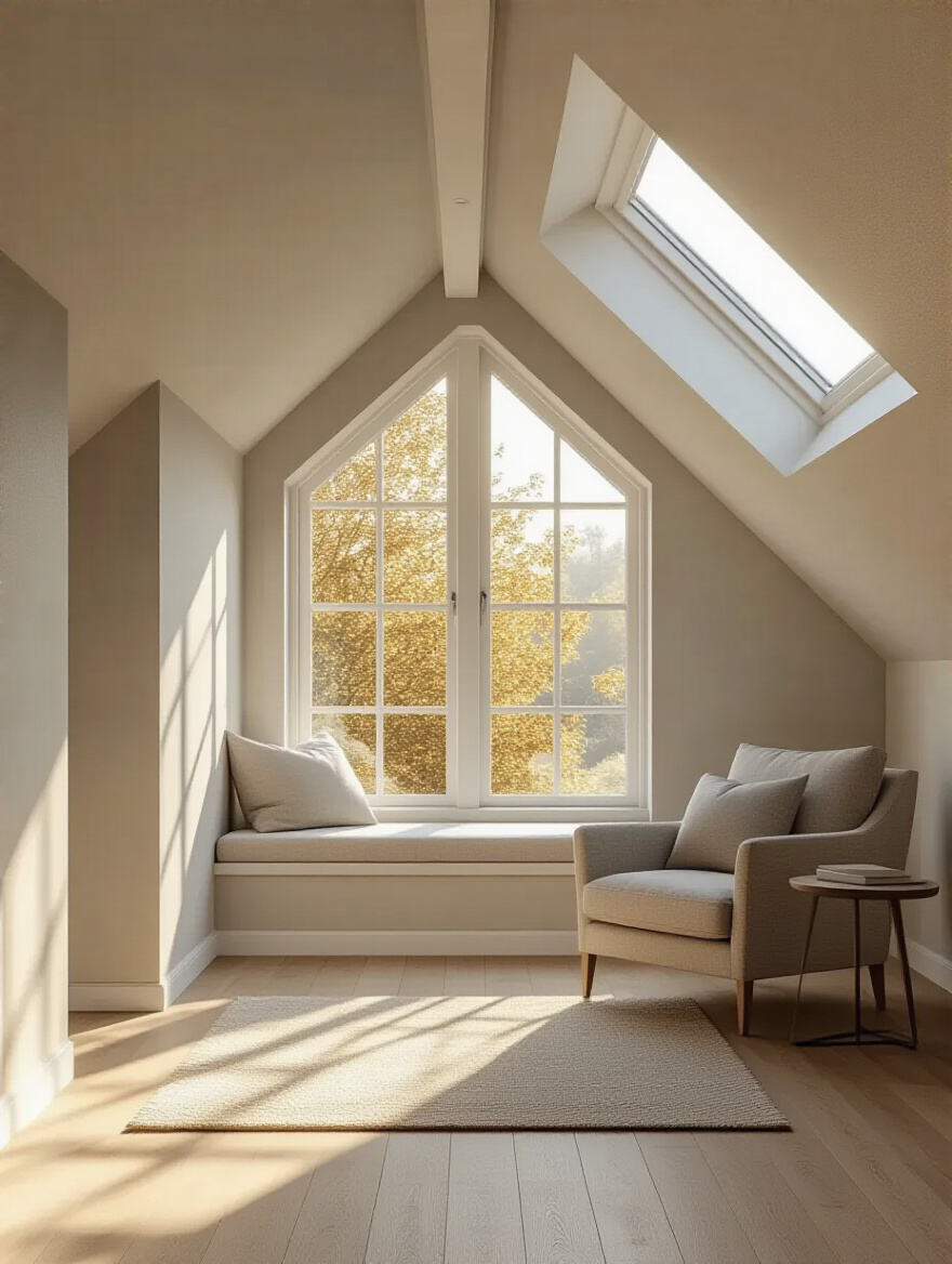 A serene attic bedroom featuring large gable dormer windows, flooding the room with abundant natural light. The room is decorated in a minimalist style with light-colored furniture, showcasing the spacious and airy atmosphere created by the architectural additions.