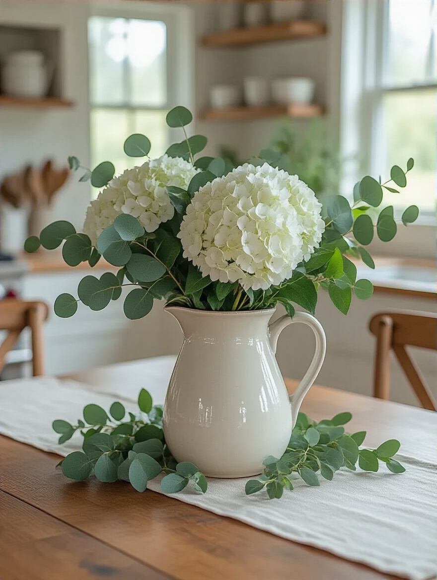 A fresh floral and greenery arrangement on a wooden kitchen table, featuring eucalyptus and white hydrangeas in a ceramic pitcher.