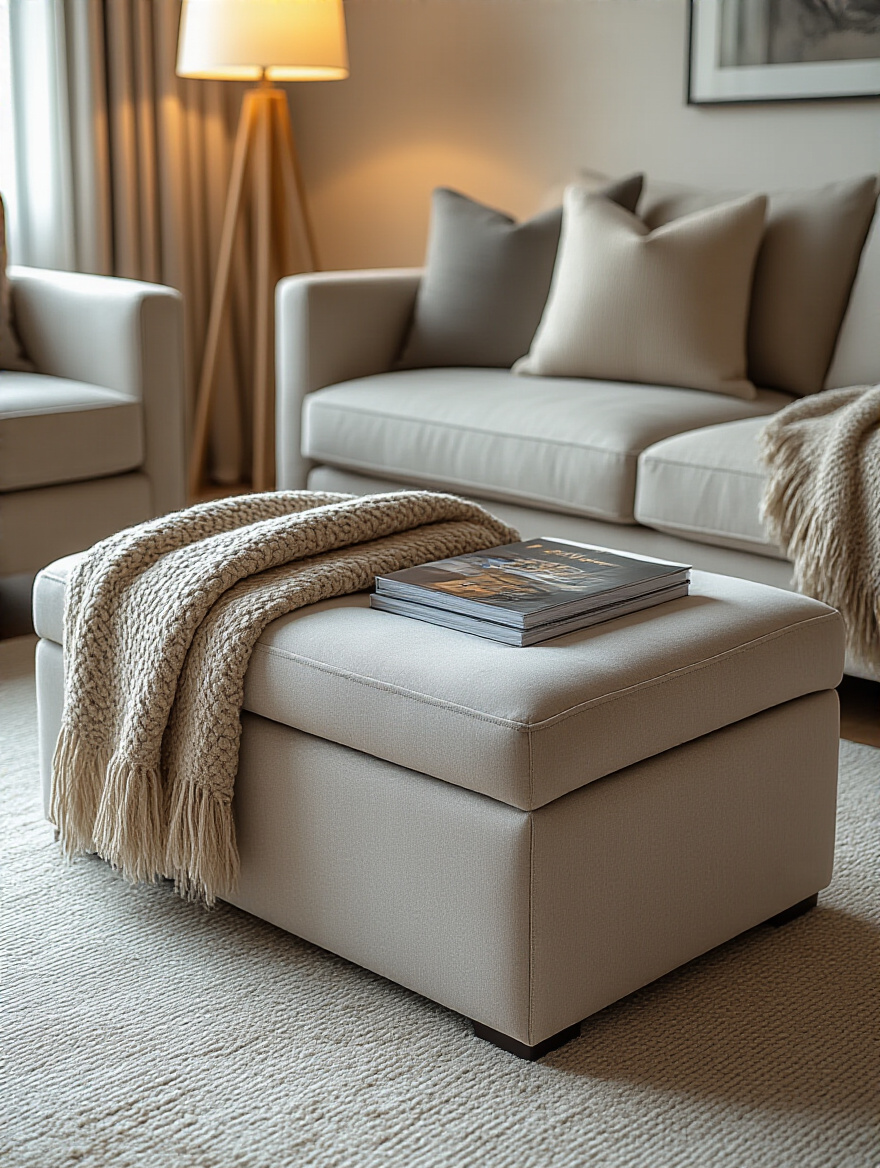 A cozy living room featuring a sleek ottoman with hidden lift-top storage, showing how integrated solutions declutter the space and promote calm.