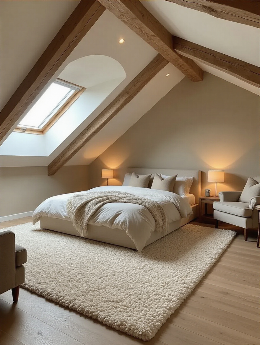 Modern attic bedroom featuring integrated smart home technology, including a smart hub, intelligent lighting, and motorized window blinds, showcasing comfort and efficiency.